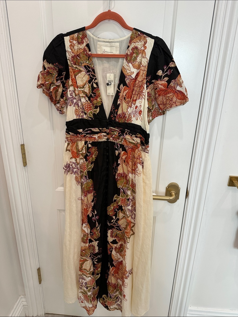 Anthropologie Floral Maxi Dress in Black & Cream with Rust Accents